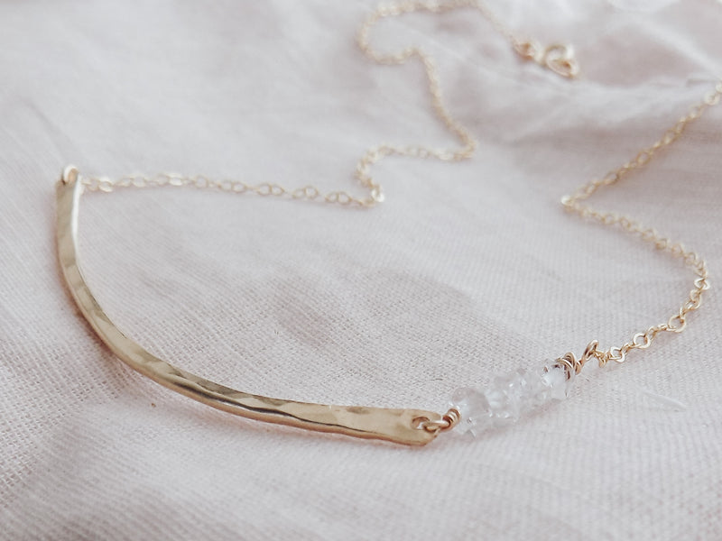 Herkimer Diamond Hammered Crescent Bar Necklace