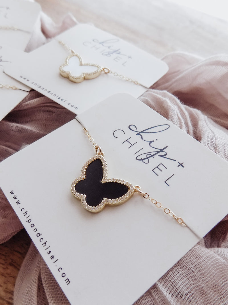 White + Black Butterfly Necklaces
