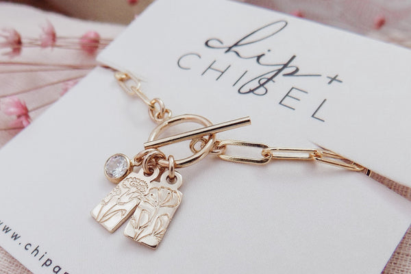 Birth Flower Mini Tags Toggle Clasp Necklace w. Paper Clip Chain +