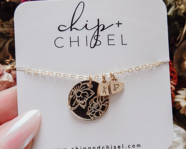 Birth Flower + Initial Necklace - Mia + Mini Hearts – chip + chisel