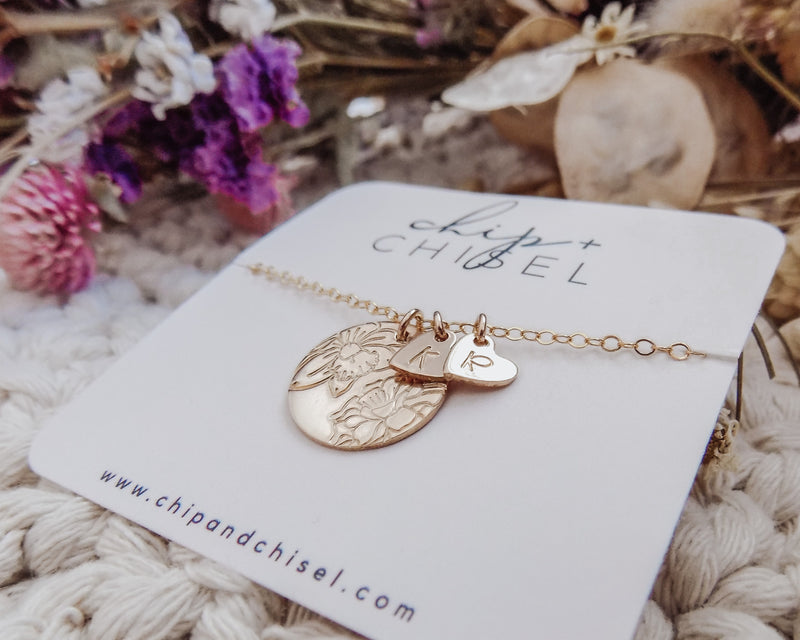 PREORDER :: Birth Flower + Initial Necklace - Mia + Mini Hearts