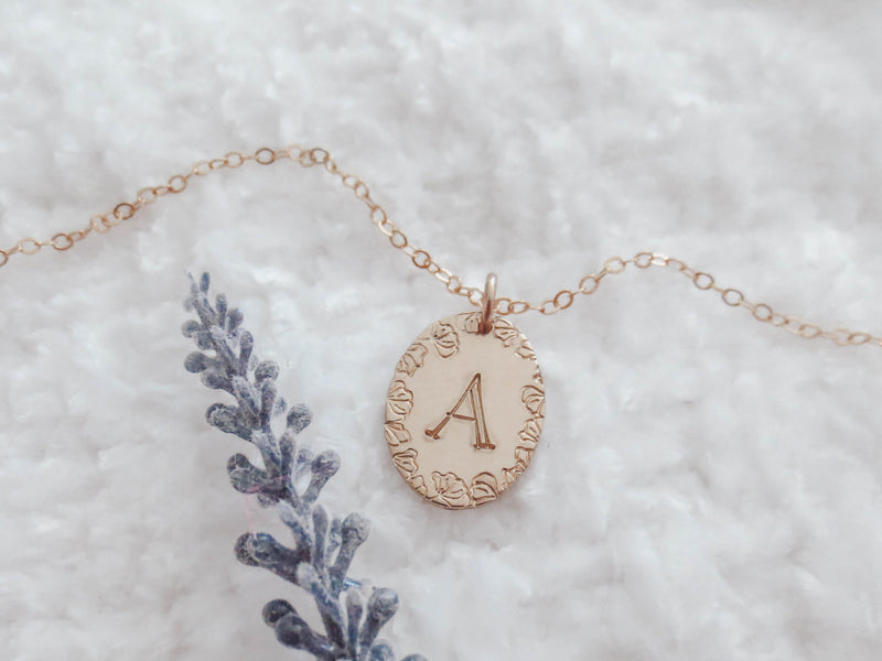 hand stamped gold initial necklace